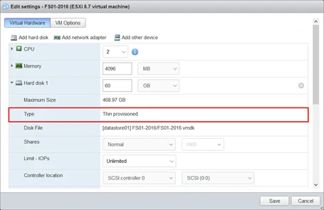 هارد را باز و نوع را بررسی کنید. خواهید دید که هارد به صورت Thin provisioned نشان داده می‌شود.