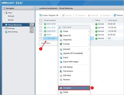 VM را از ESXi لغو ثبت‌نام (unregister) کنید